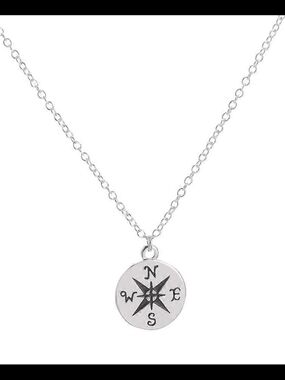 Sterling Silver Compass Pendant Necklace - Silver